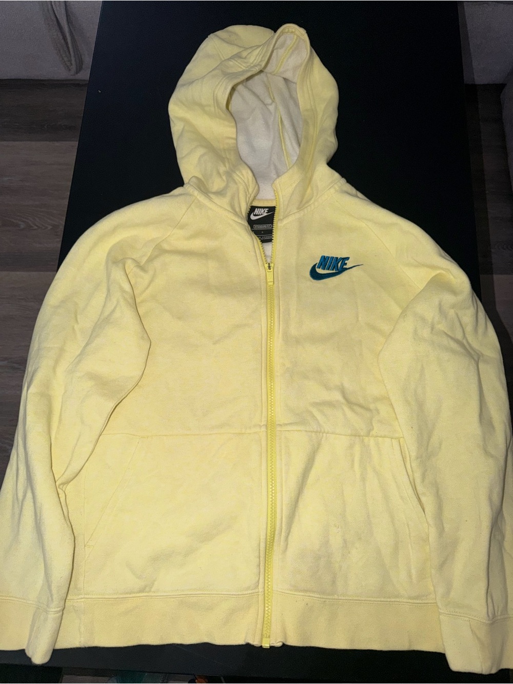 Nike Women’s Pale Yellow Zip-Up Hoodie with Blue Logo